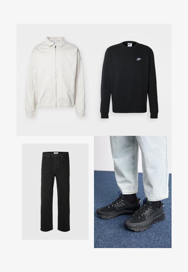 Casaco Nike branco e leve, com gola, fecho frontal, punhos elásticos e um pequeno logótipo no lado esquerdo do peito. Textura suave.; Sweatshirt preto feito de tecido macio, com decote redondo, mangas longas, punhos em canelado e um pequeno logo branco da Nike no peito.; As calças jeans de ganga preta de perna reta apresentam um design clássico de cinco bolsos, com fecho de botão, costura mínima e uma textura suave.; Sapatilhas desportivas pretas com tecido texturizado e solas em borracha, apresentando atacadores elásticos e um detalhe azul no calcanhar. Usadas com calças de ganga claras.
