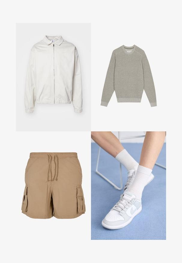 Giacca Nike bianca, leggera, con colletto, zip frontale, polsini elasticizzati e un piccolo logo sul lato sinistro del petto. Texture liscia.; Maglione grigio chiaro a maglia con texture a coste, colletto tondo e maniche lunghe. Design semplice, orli elasticizzati, minimalismo nei dettagli.; Shorts cargo beige realizzati in tessuto leggero con vita regolabile, due tasche laterali e due tasche cargo. Design semplice e funzionale.; Sneaker bianche con accenti azzurri, tomaia in pelle, punta perforata, lacci spessi e calze bianche a coste su sfondo blu.