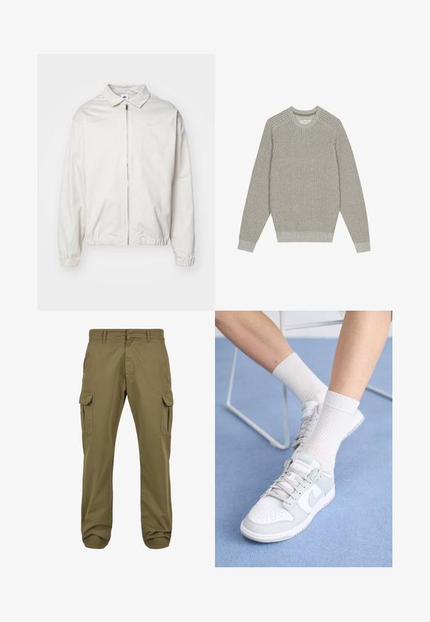 Witte, lichte Nike-jack met een kraag, een rits aan de voorkant, elastische manchetten en een klein logo op de linkerkant van de borst. Glad oppervlak.; Lichtgrijze gebreide trui met ribbelstructuur, ronde hals en lange mouwen. Eenvoudig ontwerp, elastische onderranden, minimale details.; Groene cargobroek met rechte pasvorm, gemaakt van katoen, met zijzakken en knoopsluiting voor functionaliteit. Soepele textuur, casual ontwerp.; Witte sneakers met lichtblauwe accenten, leren bovenkant, geperforeerde neus, dikke veters en ribbelsokken in het wit tegen een blauwe achtergrond.