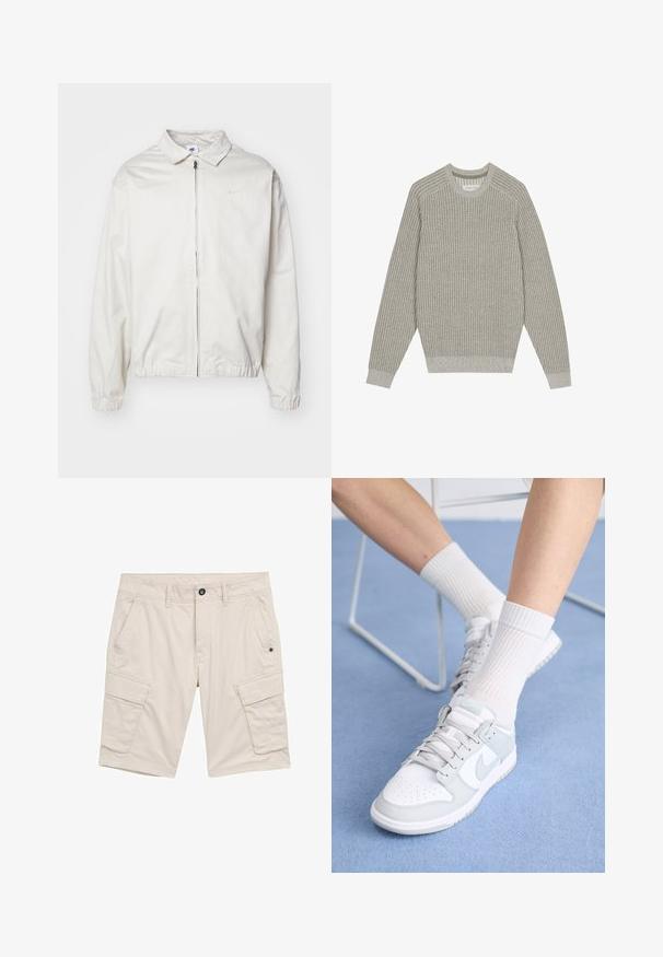 Biała, lekka kurtka Nike z kołnierzykiem, zamek błyskawiczny z przodu, elastycznymi mankietami oraz małym logo na lewej piersi. Gładka faktura.; Jasnoszary sweter z dzianiny o prążkowanej strukturze, z okrągłym dekoltem i długimi rękawami. Prosty design, elastyczne wykończenia, minimalne detale.; Beżowe szorty cargo wykonane z lekkiego materiału. Posiadają dwie boczne kieszenie oraz dwie duże kieszenie cargo z zapięciem na klapki. Zapięcie na guzik i zamek.; Białe sneakersy z jasnoniebieskimi akcentami, skórzana cholewka, perforowany czubek, grube sznurowadła i żeberkowe białe skarpetki na niebieskim tle.