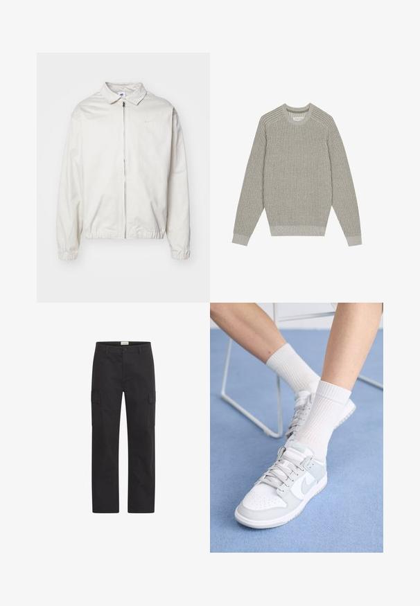 Bijela, lagana Nike jakna s ovratnikom, prednjim patentnim zatvaračem, elastičnim rukavima i malim logom na lijevoj strani prsa. Glatka tekstura.; Svijetlosivi pleteni pulover s rebrastom teksturom, okruglim izrezom i dugim rukavima. Jednostavan dizajn, rastezljivi rubovi, minimalni detalji.; Crne cargo hlače od izdržljive tkanine, s dva bočna džepa, ravnim krojem nogavica i kopčanjem na gumb u struku.; Bijele tenisice s svijetloplavim detaljima, gornji dio od kože, perforirana cipela, debele vezice i rebraste bijele čarape na plavoj pozadini.