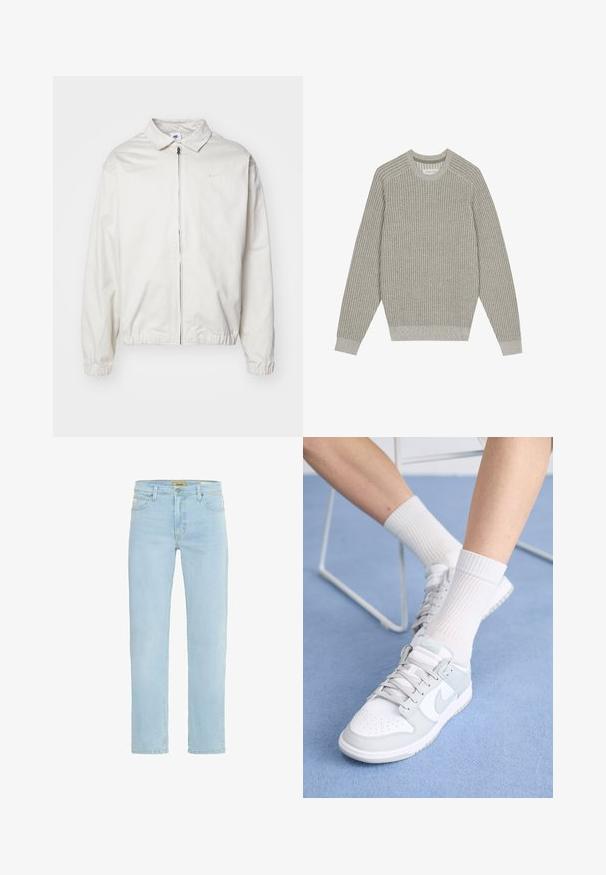 Jachetă Nike albă, ușoară, cu guler, fermoar frontal, manșete elastice și un logo mic pe pieptul stâng. Textură netedă.; Pulover tricotat gri deschis cu textură canelată, guler rotund și mâneci lungi. Design simplu, tivuri elastice, detalii minime.; Jeans din denim de culoare bleu deschis, cu croială dreaptă, design cu cinci buzunare, ușoară decolorare și un talie clasică cu închidere cu buton în față.; Sneakers albe cu accente bleu deschis, partea superioară din piele, vârf perforat, șireturi groase și șosete albe cu fandare, pe un fundal albastru.