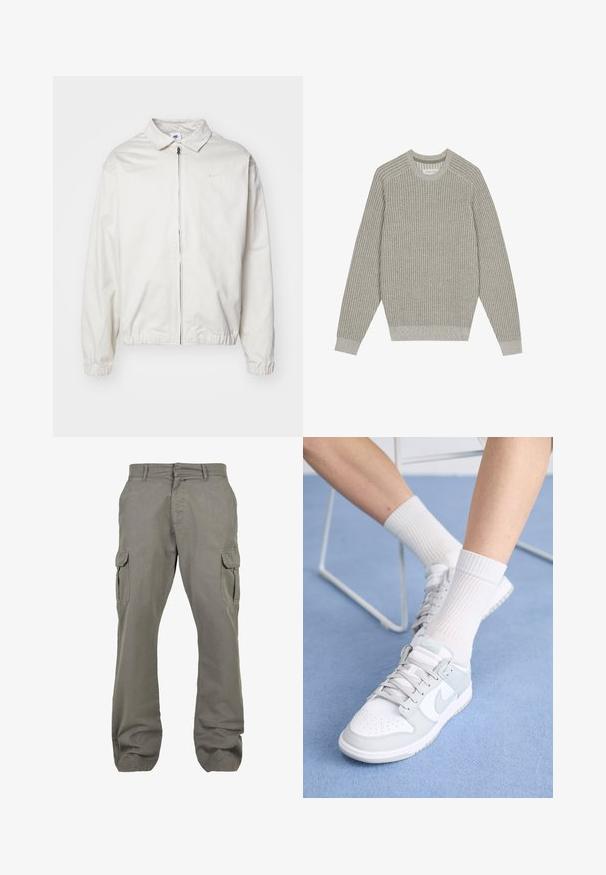 Balta, viegla Nike jaka ar apkakles kaklu, priekšējo rāvējslēdzēju, elastīgām piedurknēm un mazu logotipu kreisajā krūtī. Gluda tekstūra.; Gai pelēks adīts džemperis ar ribotām tekstūrām, apaļu kakla izgriezumu un garām piedurknēm. Vienkāršs dizains, elastīgas apakšmalas, minimāls noformējums.; Gaišpelēku krāsā pagarinātie bikses ar taisnu kāju dizainu, kas aprīkoti ar vairākām sānu kabatām un pogu aizdari drošai piegulšanai.; Baltas apavums ar gaiši zilo akcentu, ādas virspusē, caurumiņiem purngalā, biezām auklām un ribotām baltām zeķēm uz zila fona.