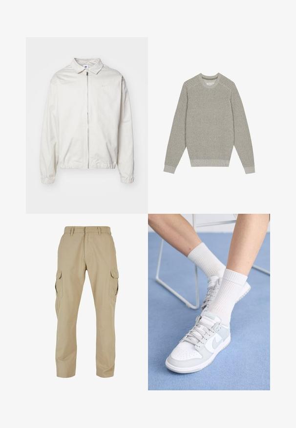 Balta, viegla Nike jaka ar apkakles kaklu, priekšējo rāvējslēdzēju, elastīgām piedurknēm un mazu logotipu kreisajā krūtī. Gluda tekstūra.; Gai pelēks adīts džemperis ar ribotām tekstūrām, apaļu kakla izgriezumu un garām piedurknēm. Vienkāršs dizains, elastīgas apakšmalas, minimāls noformējums.; Beige kravas bikses, kas izgatavotas no kokvilnas twila, ar vairākiem sānu kabatām, taisnu kāju dizainu un rāvējslēdzēja jostiņu ar jostas cilpiņām.; Baltas apavums ar gaiši zilo akcentu, ādas virspusē, caurumiņiem purngalā, biezām auklām un ribotām baltām zeķēm uz zila fona.
