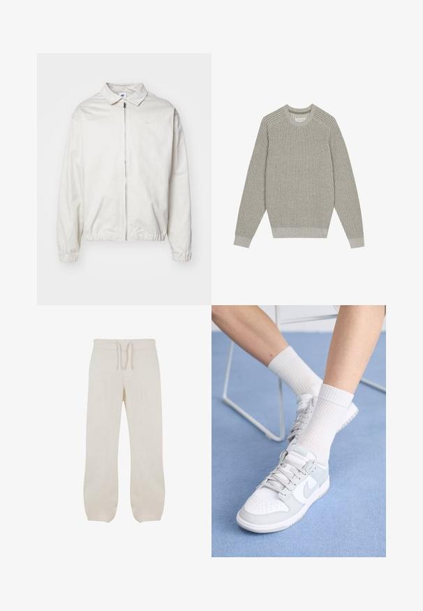 White, lightweight Nike jacket with a collared neckline, front zipper, elastic cuffs, and a small logo on the left chest. Smooth texture.; Light gray knit sweater with ribbed texture, crew neck, and long sleeves. Simple design, elasticated hems, minimal detailing.; Light beige linen pants with an elastic waistband and drawstring. Straight leg design with a smooth texture and slight taper at the ankles.; White sneakers with light blue accents, leather upper, perforated toe, thick laces, and ribbed white socks against blue background.