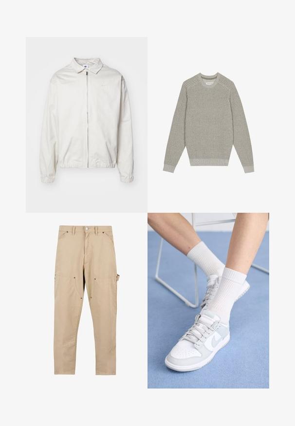 Valge, kerge Nike jakk, milles on krae, ees lukk, elastsed mansetid ja väike logo vasakul rinnal. Sile tekstuur.; Hele halli kudumüts ribatekstuuriga, ümar kaelus ja pikad varrukad. Lihtne disain, elastsed äärised, minimaalne detailirohkuses.; Beezid cargo püksid, mis on valmistatud puuvillast. Omaduseks on mitu taskut, sirge lõikega ja nupuga kinnitamine metallist detaile.; Valged tennisetossud helesiniste detailidega, nahast ülemine osa, perforeeritud varvas, paksed lingid ja ribakujulised valged sokid sinise tausta vastu.