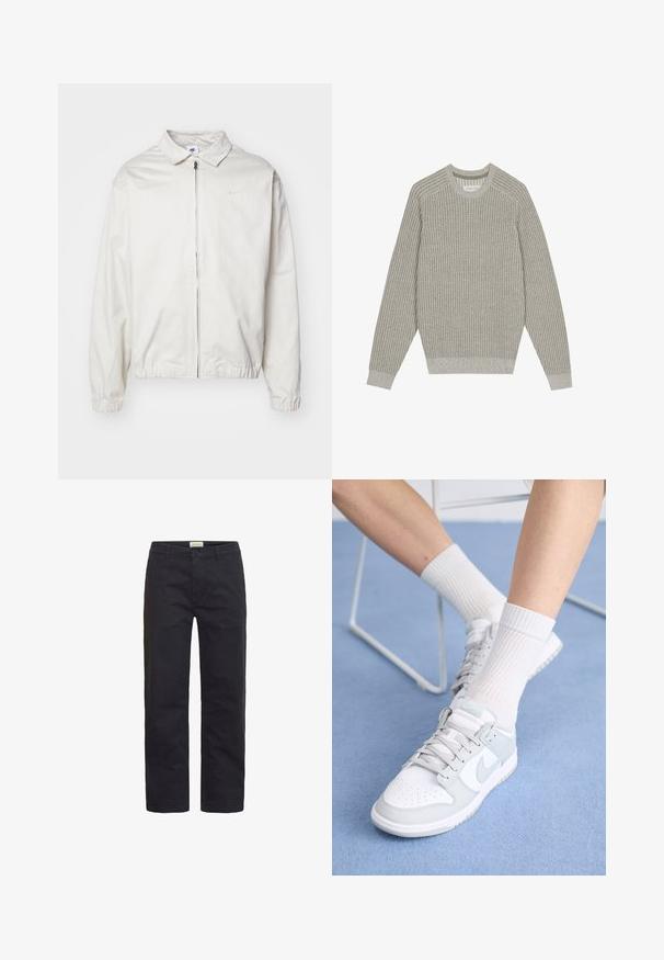 Fehér, könnyű Nike dzseki, galléros nyakkal, elöl cipzárral, elasztikus mandzsettákkal és kis logóval a bal melle részén. Simaszerű textúra.; Világosszürke kötött pulóver bordázott textúrával, kerek nyakkivágással és hosszú ujjakkal. Egyszerű dizájn, rugalmas szegélyek, minimális részletezés.; Fekete pamut nadrág, egyenes lábbal, elülső gombos zárással, övhurkokkal és minimális díszítéssel.; Fehér sportcipők világoskék részletekkel, bőr felsőrésszel, perforált orral, vastag fűzőkkel és bordázott fehér zoknikkal, kék háttér előtt.