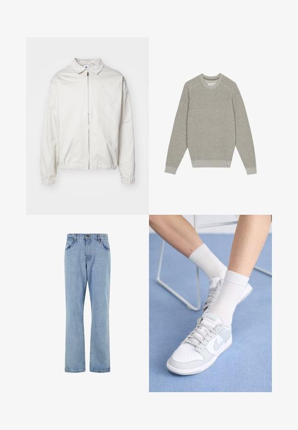Bela, lahka Nike jakna z ovratnikom, sprednjim zadrgo, elastičnimi manšetami in majhnim logotipom na levem prsnem delu. Gladka tekstura.; Svetro svetlo sive barve iz pletenine z rebrastim teksturo, okroglim izrezom in dolgimi rokavi. Preprost dizajn, elastični robovi, minimalno okrasje.; Svijetloplave traperice s ravnim nogavicama, stil pet džepova, kopčanje na gumb i blago izblijedjela tekstura po cijeloj površini.; Bele superge z svetlo modrimi dodatki, usnjeni zgornji del, perforirana prstna cona, debele vezalke in rebraste bele nogavice na modrem ozadju.