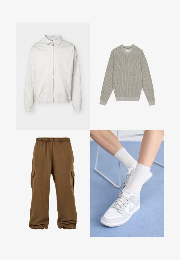 Bijela, lagana Nike jakna s ovratnikom, prednjim patentnim zatvaračem, elastičnim rukavima i malim logom na lijevoj strani prsa. Glatka tekstura.; Svijetlosivi pleteni pulover s rebrastom teksturom, okruglim izrezom i dugim rukavima. Jednostavan dizajn, rastezljivi rubovi, minimalni detalji.; Smeđe trenirka napravljena od mekog materijala sa slobodnim krojem, koja ima elastičnu struk, sužene rubove i bočne cargo džepove.; Bijele tenisice s svijetloplavim detaljima, gornji dio od kože, perforirana cipela, debele vezice i rebraste bijele čarape na plavoj pozadini.