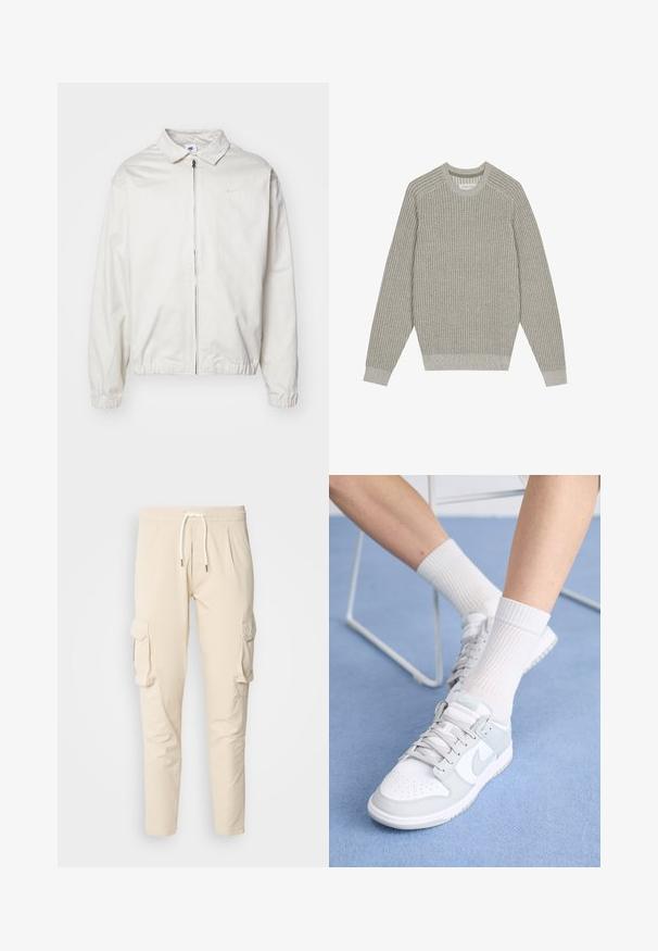 White, lightweight Nike jacket with a collared neckline, front zipper, elastic cuffs, and a small logo on the left chest. Smooth texture.; Light gray knit sweater with ribbed texture, crew neck, and long sleeves. Simple design, elasticated hems, minimal detailing.; Beige cargo pants with an elastic waistband and drawstring. Features two side cargo pockets and tapered leg design. Smooth texture.; White sneakers with light blue accents, leather upper, perforated toe, thick laces, and ribbed white socks against blue background.