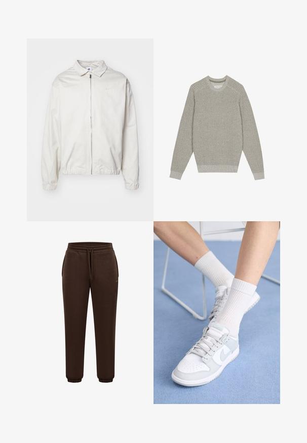 Weiße, leichte Nike-Jacke mit kragenförmigem Ausschnitt, Reißverschluss vorne, elastischen Bündchen und einem kleinen Logo auf der linken Brust. Glatte Textur.; Hellgrauer Strickpullover mit gerippter Textur, Rundhalsausschnitt und langen Ärmeln. Einfaches Design, elastische Säume, minimale Details.; Braune Sweatpants mit elastischem Bund, verstellbarem Kordelzug, Seitentaschen und gerippten Knöchelbündchen. Glatte Stofftextur und einfaches Design.; Weiße Sneakers mit hellblauen Akzenten, Obermaterial aus Leder, perforierte Zehenpartie, dicke Schnürsenkel und gerippte weiße Socken vor einem blauen Hintergrund.
