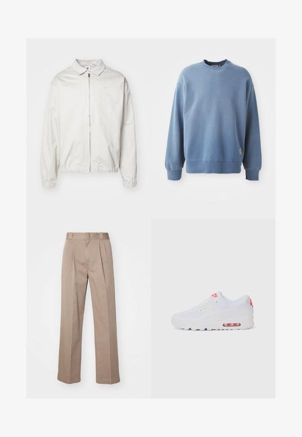 Biela, ľahká bunda Nike s golierom, predným zipsom, elastickými manžetami a malým logom na ľavej strane hrudníka. Hladká textúra.; Svetlo modrý sveter vyrobený z mäkkej tkaniny, s okrúhlym výstrihom, dlhými rukávmi, ribovanými manžetami a lemom, s malou logo nálepkou blízko spodnej časti.; Bežové nohavice s vysokým pásom a širokými nohavicami. Majú dva predné záhyby a hladkú textúru. Štandardná dĺžka s čistým spracovaním.; Biele športové tenisky s hladkým zvrškom, šnurovaním, polstrovanou podrážkou a viditeľnou vzduchovou jednotkou s červenými akcentmi na značení.
