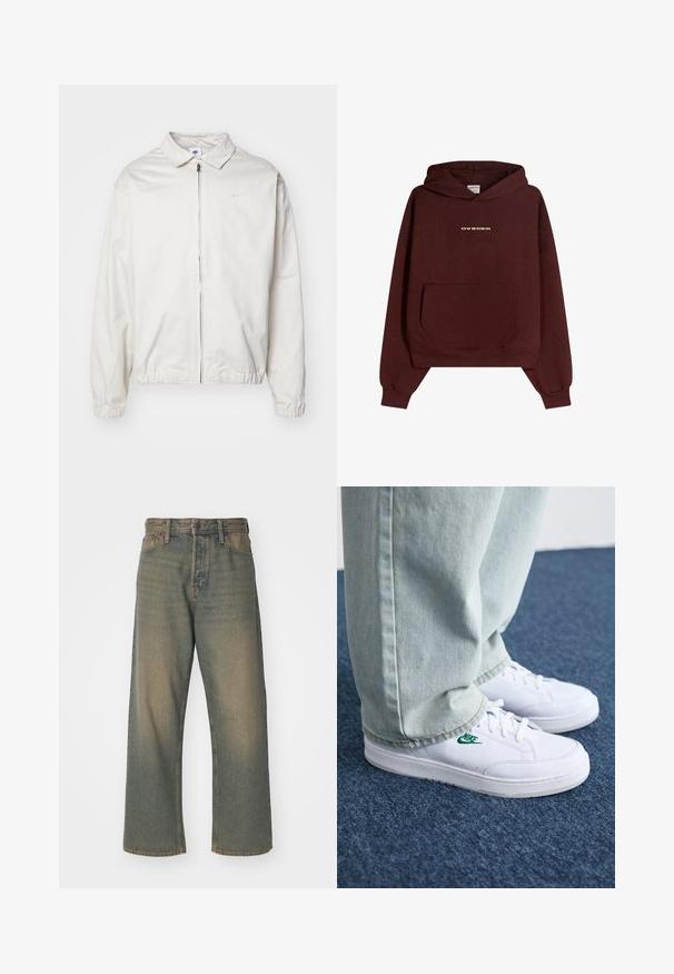 Vit, lättvikts Nike-jacka med krage, dragkedja framtill, elastiska ärmslut och en liten logotyp på vänster bröst. Slät textur.; Burgundy hoodie med en framficka, med en guldig "OVRNRM"-logga. Tillverkad av mjuk bomull, har den en avslappnad passform och ribbade ärmslut.; Mörkgröna denimjeans med lös passform, hög midja och subtila blekta områden. Har en klassisk femficksdesign och kraftig sömnad.; Vita lädersneakers med grön Nike-logga, rund tå, platt sula, kombinerade med ljusblå denimbyxor, visade på en blå matta.