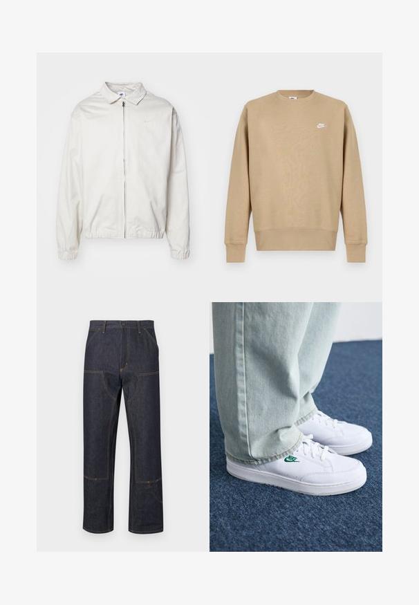 Casaco Nike branco e leve, com gola, fecho frontal, punhos elásticos e um pequeno logótipo no lado esquerdo do peito. Textura suave.; Sweatshirt Nike bege com decote redondo, mangas longas e um logo branco no peito. O tecido parece suave e tem uma textura lisa.; Calças de ganga escura com um corte relaxado, apresentando costuras amarelas, bolsos frontais e um design de costura distintivo.; Tênis de couro brancos com logo verde da Nike, bico redondo, sola plana, combinados com calças de denim azul claro, exibidos sobre um tapete azul.
