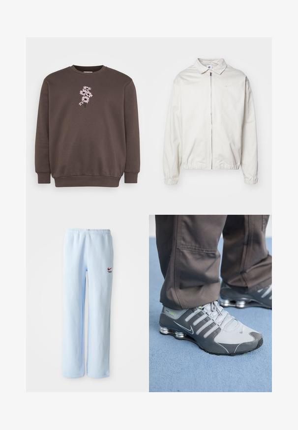 White, lightweight Nike jacket with a collared neckline, front zipper, elastic cuffs, and a small logo on the left chest. Smooth texture.; Brown sweatshirt with a round neck and long sleeves. Features a pink floral embroidery design on the front, textured fabric, and ribbed cuffs.; Light blue sweatpants with an elastic waistband, featuring a small red Nike logo and "Athletic Department" text. Soft cotton material.; Gray and silver Nike Shox sneakers feature a sleek design, with mesh and synthetic materials, a rounded toe, and a padded collar.