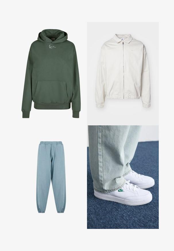 Fehér, könnyű Nike dzseki, galléros nyakkal, elöl cipzárral, elasztikus mandzsettákkal és kis logóval a bal melle részén. Simaszerű textúra.; Zöld kapucnis pulóver, puha anyagból készült, elülső zsebbel, bordázott mandzsettákkal és fehér logóval a mellkasán.; Világoskék, puha anyagból készült melegítőnadrág, rugalmas derékpánttal és mandzsettával, egyszerű dizájnnal és diszkrét logóval az oldalán.; Fehér bőr sportcipők zöld Nike logóval, kerek orral, lapos talppal, világoskék farmernadrággal párosítva, kék szőnyegen bemutatva.