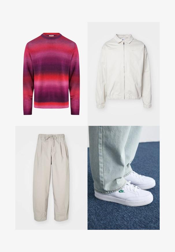 Veste Nike blanche et légère avec un col, fermeture éclair à l'avant, poignets élastiques et un petit logo sur la poitrine gauche. Texture lisse.; Redefined Rebel NELSON REGULAR FIT - Pullover - magenta purple; Pantalons beiges légers avec une taille élastique et un cordon de serrage. Caractéristiques : plis et coupe décontractée, fabriqués à partir d'un tissu doux et lisse.; Baskets en cuir blanc avec logo Nike vert, bout rond, semelle plate, associées à un pantalon en denim bleu clair, présentées sur un tapis bleu.