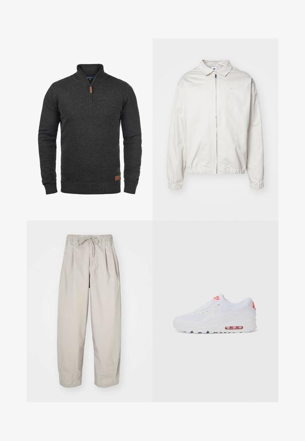 Hvit, lett Nike-jakke med kragehals, glidelås foran, elastiske mansjetter og en liten logo på venstre bryst. Glatt tekstur.; Mørkegrå zip-neck genser i et mykt strikket stoff. Har ribbestrikkede mansjetter og hem, samt et lærlogo-patch nederst til venstre.; Beige, lette bukser med elastisk midje og snor. Har folder og løs passform, laget av myk og glatt stoff.; Hvite atletiske joggesko med glatt overdel, snøring, polstret såle og synlig luftenhet med røde detaljer på merket.