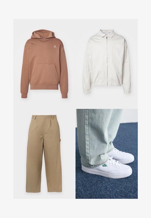 Bela, lahka Nike jakna z ovratnikom, sprednjim zadrgo, elastičnimi manšetami in majhnim logotipom na levem prsnem delu. Gladka tekstura.; Rjava kapuca iz mehkega materiala, z kenguru žepom, rebrastimi manšetami in belim Jumpman logotipom na prsih.; Bež hlače širokega kroja iz mešanice bombaža, z visokim pasom, sprednjimi naborki in dvema stranskima žepoma s gumbom.; Bela usnjena športna obutev z zelenim Nike logotipom, okrogla konica, ravna podplat, v kombinaciji z svetlo modrimi kavbojkami, prikazana na modrem preprogu.