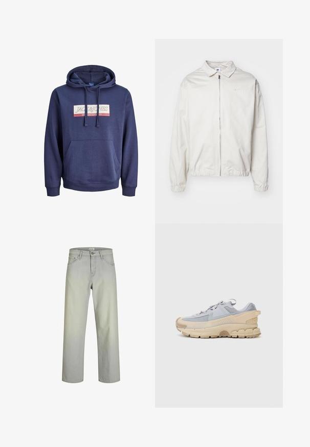 Chaqueta blanca y ligera de Nike con cuello tipo camisa, cremallera frontal, puños elásticos y un pequeño logotipo en el lado izquierdo del pecho. Textura suave.; Sudadera azul marino hecha de una mezcla de algodón, con un bolsillo canguro frontal, capucha con cordones y un diseño gráfico en el pecho.; Jeans rectos de color gris claro con un diseño clásico de cinco bolsillos, cierre de botón y pasadores para cinturón. Fabricados en tela de mezclilla con una textura suave.; Zapatillas gris claro con parte superior texturizada, cierre con cordones y suela gruesa crema con patrones y acentos únicos.