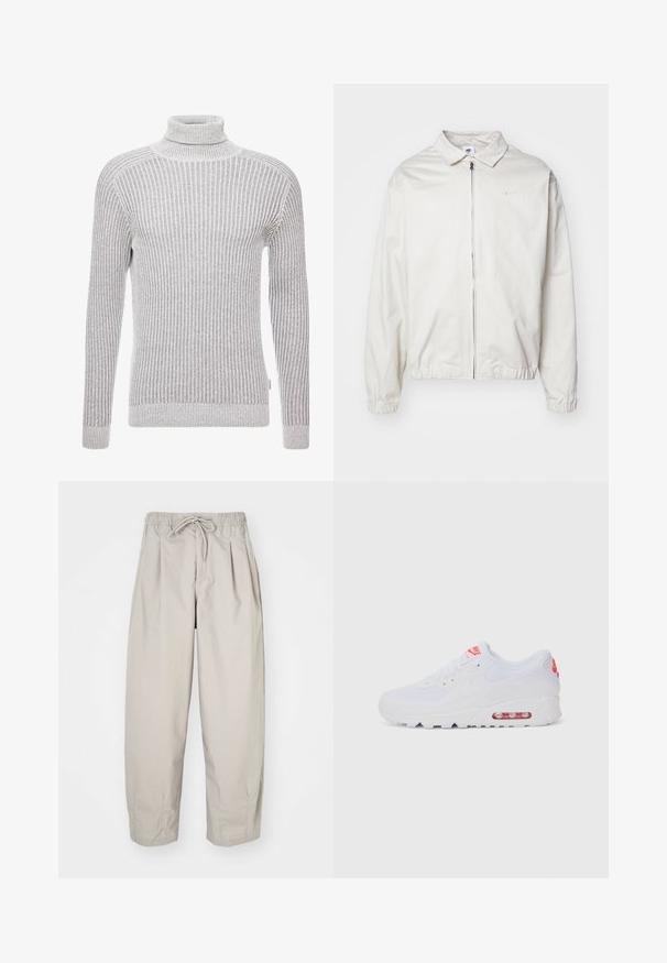 White, lightweight Nike jacket with a collared neckline, front zipper, elastic cuffs, and a small logo on the left chest. Smooth texture.; Gray ribbed turtleneck sweater with long sleeves, featuring a textured pattern and a fitted silhouette at the neck and cuffs.; Beige, lightweight trousers with an elastic waistband and drawstring. Features pleats and a loose fit, crafted from soft, smooth fabric.; White athletic sneaker featuring a smooth upper, lace closure, cushioned sole, and a visible air unit with red accents on the branding.