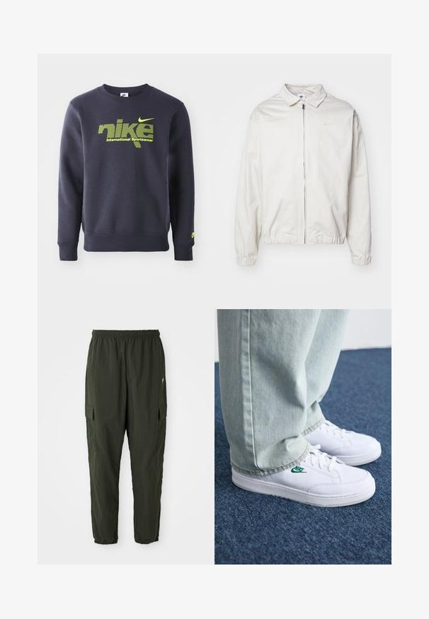 Casaco Nike branco e leve, com gola, fecho frontal, punhos elásticos e um pequeno logótipo no lado esquerdo do peito. Textura suave.; Sweatshirt azul-marinho feito de uma mistura de algodão, apresentando um logótipo e texto verde neon "nike international sportswear" no peito, com punhos e bainha canelados.; Calças cargo de cor verde-escuro feitas de tecido leve, com um cós elástico, pernas ajustadas e bolsos laterais com abas.; Tênis de couro brancos com logo verde da Nike, bico redondo, sola plana, combinados com calças de denim azul claro, exibidos sobre um tapete azul.