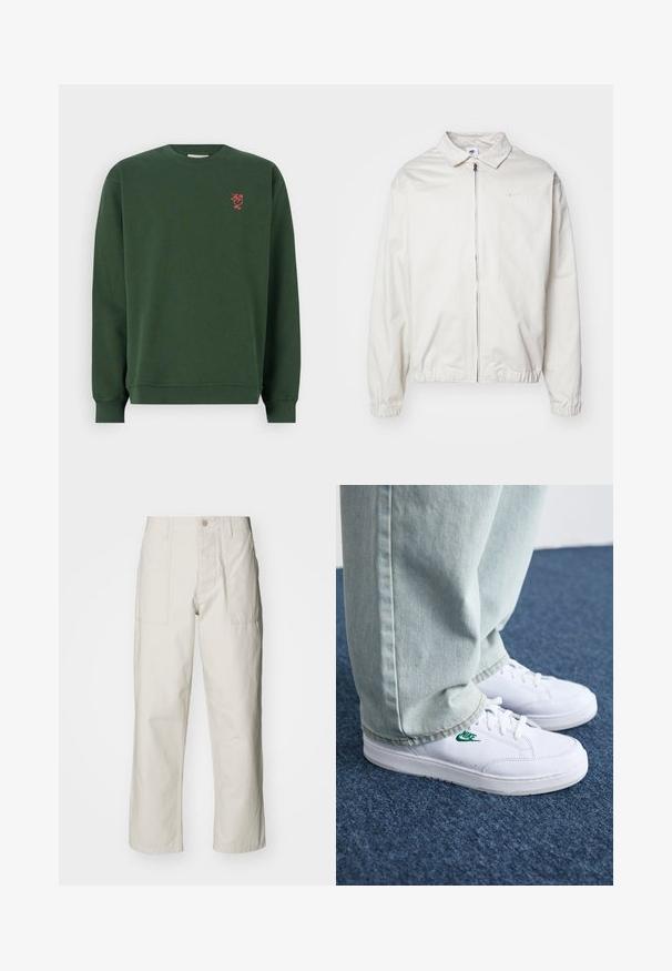Weiße, leichte Nike-Jacke mit kragenförmigem Ausschnitt, Reißverschluss vorne, elastischen Bündchen und einem kleinen Logo auf der linken Brust. Glatte Textur.; Dunkelgrüner Baumwollpullover mit langen Ärmeln, gerippten Bündchen und rundem Halsausschnitt. Mit einem kleinen roten bestickten Design auf der Brust.; Helle beige weit geschnittene Hose aus Baumwolle. Verfügt über Fronttaschen und einen Knopfverschluss. Glatte Textur mit dezenten vertikalen Streifen.; Weiße Leder-Sneaker mit grünem Nike-Logo, runde Zehenpartie, flache Sohle, kombiniert mit hellblauen Jeans, präsentiert auf einem blauen Teppich.