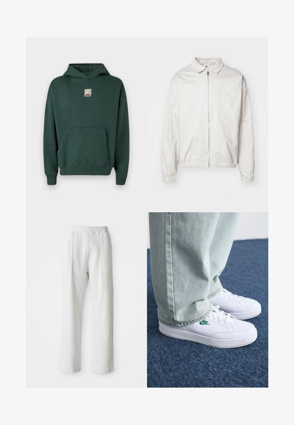 Casaco Nike branco e leve, com gola, fecho frontal, punhos elásticos e um pequeno logótipo no lado esquerdo do peito. Textura suave.; Hoodie de algodão verde com um bolso frontal, mangas longas e um logótipo gráfico no peito. Apresenta um capuz com cordão e punhos com nervuras.; Calças brancas casuais com um cós elástico e grandes bolsos frontais, exibidas sobre um fundo claro e liso.; Tênis de couro brancos com logo verde da Nike, bico redondo, sola plana, combinados com calças de denim azul claro, exibidos sobre um tapete azul.