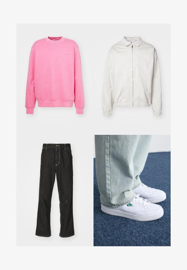 Chaqueta blanca y ligera de Nike con cuello tipo camisa, cremallera frontal, puños elásticos y un pequeño logotipo en el lado izquierdo del pecho. Textura suave.; Carhartt WIP DUSTER SCRIPT - Sudadera - charm pink; Jeans de mezclilla negra con un corte holgado, que cuentan con costuras blancas contrastantes, cierre de botón y un diseño de pierna recta.; Zapatillas de cuero blanco con logo de Nike verde, puntera redonda, suela plana, combinadas con pantalones de mezclilla azul claro, sobre una alfombra azul.
