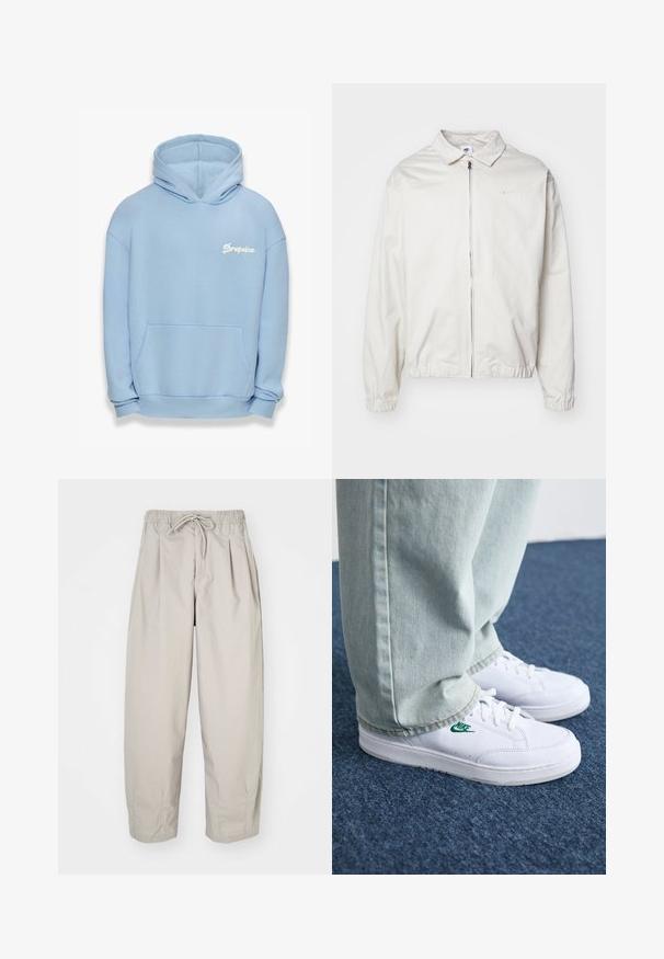 Bela, lahka Nike jakna z ovratnikom, sprednjim zadrgo, elastičnimi manšetami in majhnim logotipom na levem prsnem delu. Gladka tekstura.; Svetlo modra kapuca iz tkanine z mehkimi vlakni. Ima sprednji žep, rebrast rob in belo vezeno logo "Dropsize".; Bež hlače iz lahkega materiala z elastičnim pasom in vrvico. Imajo gube in ohlapen kroj, izdelane so iz mehkega, gladkega blaga.; Bela usnjena športna obutev z zelenim Nike logotipom, okrogla konica, ravna podplat, v kombinaciji z svetlo modrimi kavbojkami, prikazana na modrem preprogu.