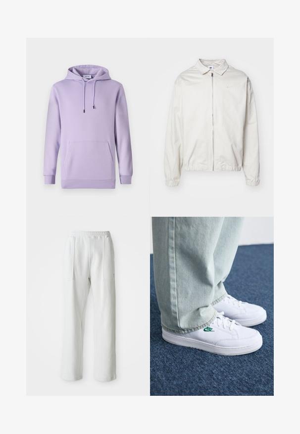 White, lightweight Nike jacket with a collared neckline, front zipper, elastic cuffs, and a small logo on the left chest. Smooth texture.; Purple hoodie made of soft fabric, featuring a front pocket, adjustable drawstrings, and ribbed cuffs and hem.; White casual pants with an elastic waistband and large front patch pockets, displayed on a plain light background.; White leather sneakers with green Nike logo, round toe, flat sole, paired with light blue denim pants, shown on a blue carpet.