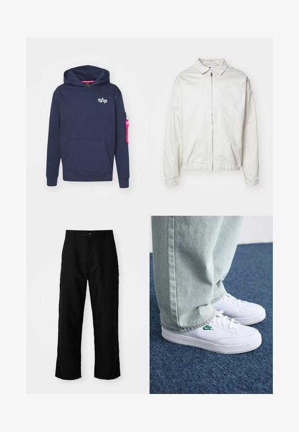 Weiße, leichte Nike-Jacke mit kragenförmigem Ausschnitt, Reißverschluss vorne, elastischen Bündchen und einem kleinen Logo auf der linken Brust. Glatte Textur.; Navyblauer Kapuzenpullover aus Baumwollmischung, mit einer Kängurutasche vorne, einer Kapuze mit Kordelzug und einer Reißverschlusstasche am Ärmel mit einem pinken Etikett.; Schwarze gerade geschnittene Hose mit Gürtelschlaufen, vorderem Knopf und Reißverschluss auf hellem, einfarbigem Hintergrund.; Weiße Leder-Sneaker mit grünem Nike-Logo, runde Zehenpartie, flache Sohle, kombiniert mit hellblauen Jeans, präsentiert auf einem blauen Teppich.