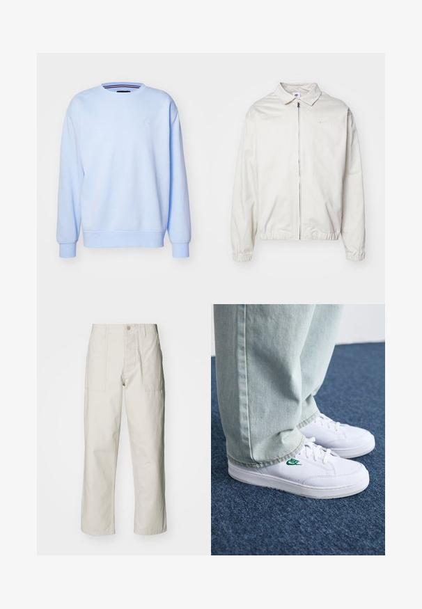 Casaco Nike branco e leve, com gola, fecho frontal, punhos elásticos e um pequeno logótipo no lado esquerdo do peito. Textura suave.; Sweatshirt azul claro feito de tecido macio, com gola redonda, punhos canelados e um pequeno logotipo bordado no peito.; Calças largas em bege claro, feitas de algodão. Apresentam bolsos frontais e fecho com botão. Textura suave com linhas verticais subtis.; Tênis de couro brancos com logo verde da Nike, bico redondo, sola plana, combinados com calças de denim azul claro, exibidos sobre um tapete azul.