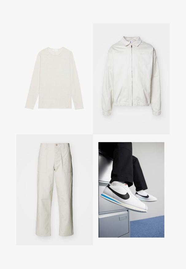 Valge, kerge Nike jakk, milles on krae, ees lukk, elastsed mansetid ja väike logo vasakul rinnal. Sile tekstuur.; Kreem värvi pikakätised T-särk, mis on valmistatud pehmest kudumist. Omab ümmargust kaelust ja lõdva istuvuse, ilma nähtavate mustrite või aktsentideta.; Heledbeez värvi laiad püksid, mis on valmistatud puuvillast. Omavad esi-taskuid ja nupuga sulgemist. Sile tekstuur, millel on õrnad vertikaalsed jooned.; Valged nahast tossud musta Nike'i logoga, helesinise ja halli kummist tallaga ning klassikalise lipsuvariantiga. Jalad restingud dokumendikapil.