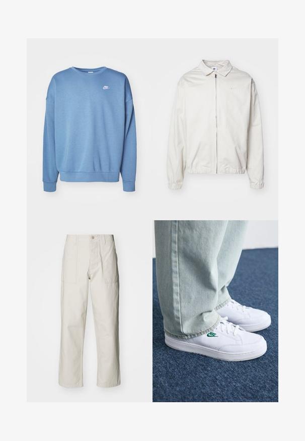 Casaco Nike branco e leve, com gola, fecho frontal, punhos elásticos e um pequeno logótipo no lado esquerdo do peito. Textura suave.; Sweatshirt azul feito de um tecido suave, com gola redonda, mangas compridas, punhos canelados e um pequeno logotipo branco da Nike no peito.; Calças largas em bege claro, feitas de algodão. Apresentam bolsos frontais e fecho com botão. Textura suave com linhas verticais subtis.; Tênis de couro brancos com logo verde da Nike, bico redondo, sola plana, combinados com calças de denim azul claro, exibidos sobre um tapete azul.