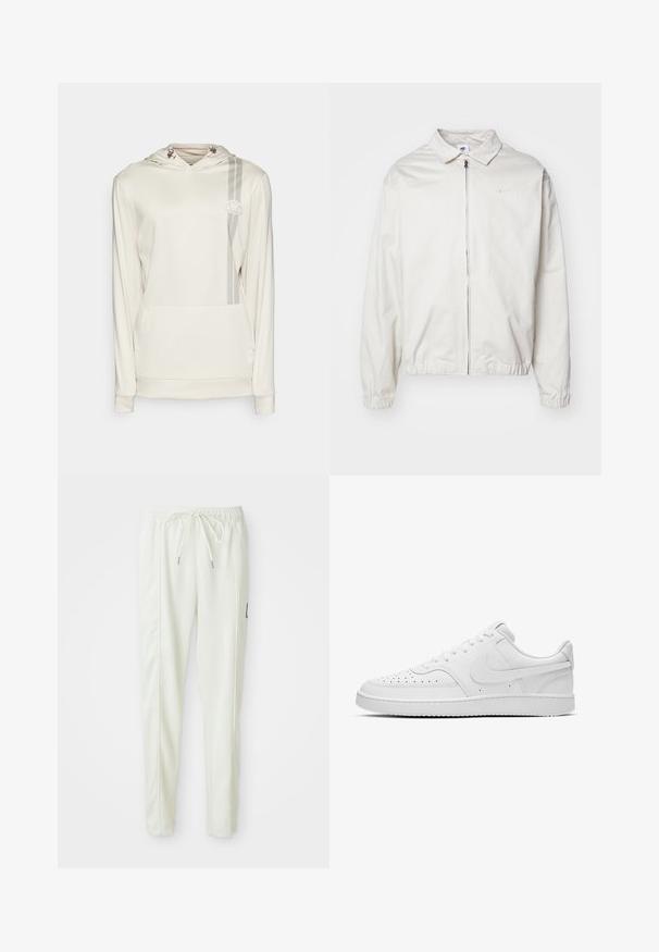 Biała, lekka kurtka Nike z kołnierzykiem, zamek błyskawiczny z przodu, elastycznymi mankietami oraz małym logo na lewej piersi. Gładka faktura.; Jasno beżowa bluza z kapturem wykonana z gładkiego materiału. Posiada kieszeń z przodu, kaptur na sznurek oraz pionowy szary pasek z akcentem logo.; Białe joggerki slim fit z elastycznym paskiem w talii i sznurkiem do regulacji, z bocznymi przeszyciami oraz małą czarną naszywką na prawej nogawce.; Białe skórzane sneakersy niskie z perforowanym noskiem, teksturowanymi bokami i gładką gumową podeszwą. Charakteryzują się minimalistycznym designem i przeszywanymi detalami.