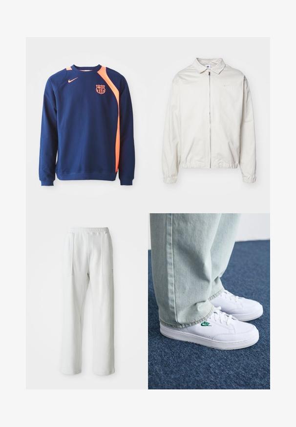 White, lightweight Nike jacket with a collared neckline, front zipper, elastic cuffs, and a small logo on the left chest. Smooth texture.; Navy blue sweatshirt with long sleeves, featuring orange accents on the shoulders and neckline. Displays a club logo on the chest.; White casual pants with an elastic waistband and large front patch pockets, displayed on a plain light background.; White leather sneakers with green Nike logo, round toe, flat sole, paired with light blue denim pants, shown on a blue carpet.