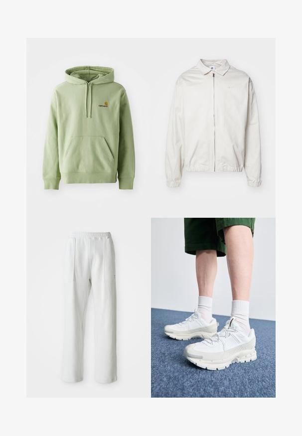 Jachetă Nike albă, ușoară, cu guler, fermoar frontal, manșete elastice și un logo mic pe pieptul stâng. Textură netedă.; Hanorac pulover verde deschis dintr-un material moale, cu buzunar tip kangaroo, glugă cu șnur și un mic logo brodat pe piept.; Pantaloni albi casual cu talie elastică și buzunare mari în față, expuși pe un fundal simplu deschis.; Pantofi sport albi cu suprapuneri texturate, talpă masivă și accente gri. Purtați cu șosete albe până la glezne și pantaloni scurți verzi pe o suprafață albastră.