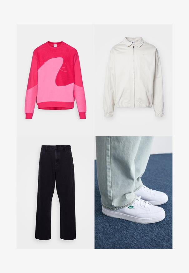 Chaqueta blanca y ligera de Nike con cuello tipo camisa, cremallera frontal, puños elásticos y un pequeño logotipo en el lado izquierdo del pecho. Textura suave.; Sudadera de forro polar en tonos de rosa vibrantes, con formas abstractas en rosa más claro, puños y dobladillo acanalados, y un cuello redondo.; Camiseta de algodón blanca con mangas cortas y cuello redondo. Presenta un pequeño y sutil logo de Nike en el pecho y una etiqueta lateral.; Pantalones de mezclilla negros con un diseño de pierna recta, que cuentan con un cierre de botón y cremallera, presillas para cinturón y detalles de costura mínimos.; Zapatillas de cuero blanco con logo de Nike verde, puntera redonda, suela plana, combinadas con pantalones de mezclilla azul claro, sobre una alfombra azul.