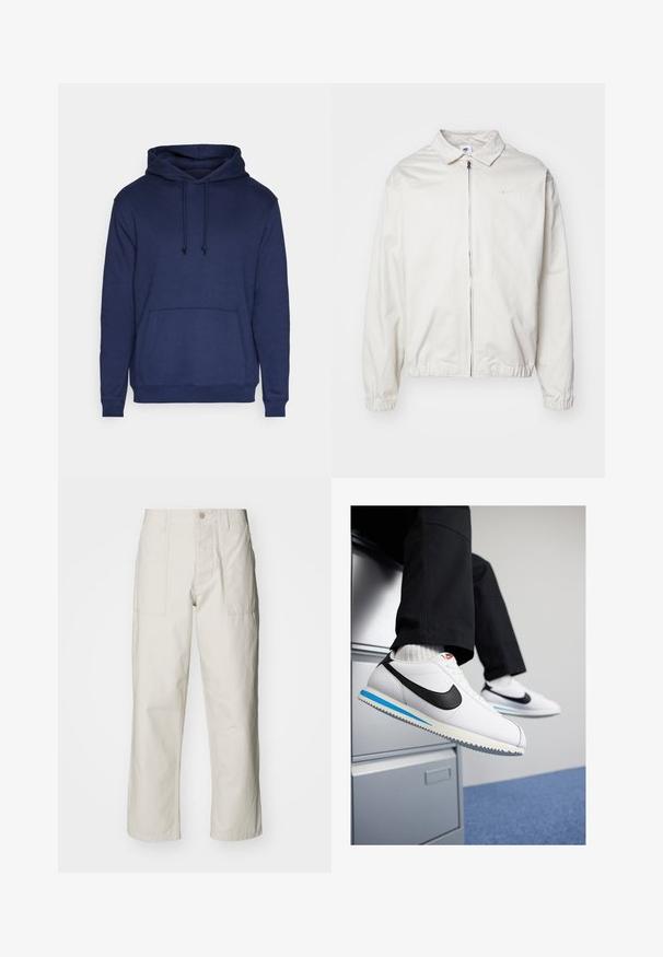 Biela, ľahká bunda Nike s golierom, predným zipsom, elastickými manžetami a malým logom na ľavej strane hrudníka. Hladká textúra.; Námornícky modrá bavlnená mikina s dlhými rukávmi, kapucňou so sťahovacou šnúrkou a prednou kengurou kapsou. Hladká textúra, voľný strih, rebrované manžety a lem.; Svetlosivé široké nohavice vyrobené z bavlny. Majú predné vrecká a zapínanie na gombík. Hladká textúra so subtílnymi vertikálnymi pruhmi.; Biele kožené tenisky s čiernym logom Nike, svetlomodrou a šedou gumovou podrážkou a klasickým šnurovacím dizajnom. Nohy položené na fileciante.