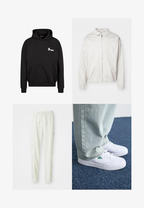 White, lightweight Nike jacket with a collared neckline, front zipper, elastic cuffs, and a small logo on the left chest. Smooth texture.; Black hooded sweatshirt made of fleece. Features a front pouch pocket, ribbed cuffs, and an embroidered white logo on the chest.; White slim-fit jogger pants with elastic waistband and drawstring, featuring side seam detailing and a small black patch on the right leg.; White leather sneakers with green Nike logo, round toe, flat sole, paired with light blue denim pants, shown on a blue carpet.
