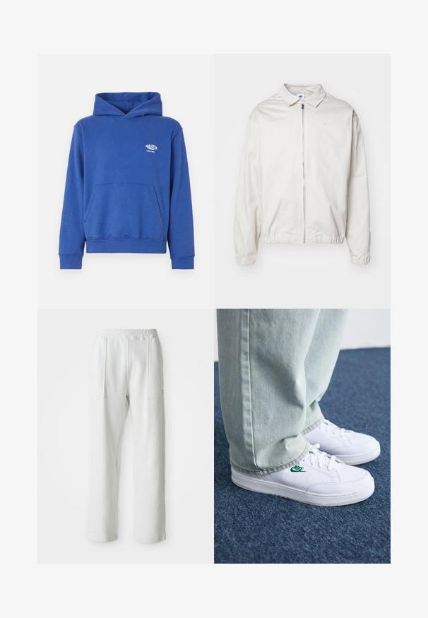 Casaco Nike branco e leve, com gola, fecho frontal, punhos elásticos e um pequeno logótipo no lado esquerdo do peito. Textura suave.; Sweatshirt azul de algodão com capuz, bolso frontal tipo pouch, punhos e barra canelados, e um pequeno logotipo na área do peito. Texture de tecido suave.; Calças brancas casuais com um cós elástico e grandes bolsos frontais, exibidas sobre um fundo claro e liso.; Tênis de couro brancos com logo verde da Nike, bico redondo, sola plana, combinados com calças de denim azul claro, exibidos sobre um tapete azul.
