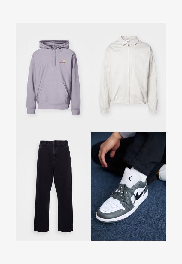 White, lightweight Nike jacket with a collared neckline, front zipper, elastic cuffs, and a small logo on the left chest. Smooth texture.; Purple hoodie made of cotton blend, featuring a central kangaroo pocket, drawstring hood, and embroidered logo on the chest.; Black denim trousers with a straight leg design, featuring a button and zip closure, belt loops, and minimal stitching details.; Nike Air Jordan 1 sneakers in white and gray leather, featuring a black logo, perforated toe, and flat gray laces.