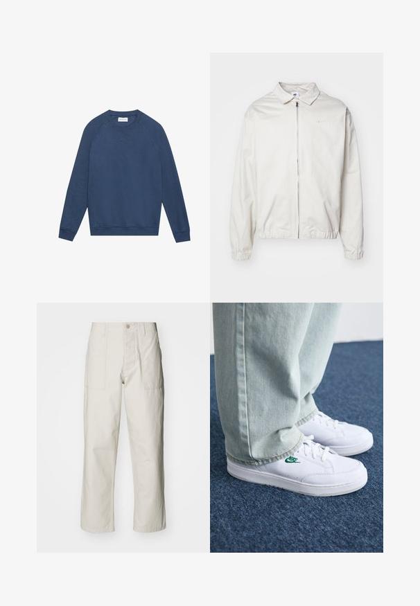 Casaco Nike branco e leve, com gola, fecho frontal, punhos elásticos e um pequeno logótipo no lado esquerdo do peito. Textura suave.; Sweatshirt de manga longa azul com decote redondo, mangas raglan, punhos e bainha em canelado, e um pequeno detalhe em ponto "X" abaixo do decote.; Calças largas em bege claro, feitas de algodão. Apresentam bolsos frontais e fecho com botão. Textura suave com linhas verticais subtis.; Tênis de couro brancos com logo verde da Nike, bico redondo, sola plana, combinados com calças de denim azul claro, exibidos sobre um tapete azul.