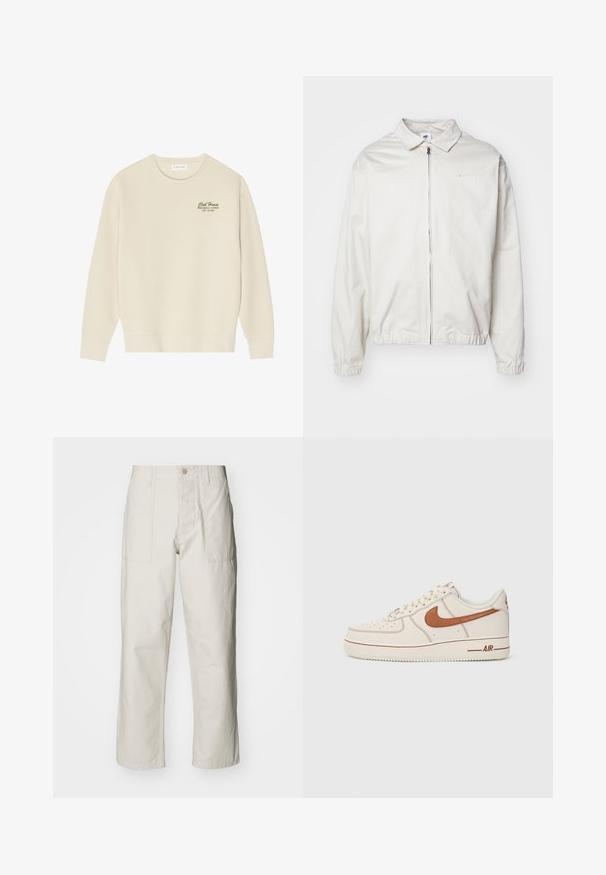 Biela, ľahká bunda Nike s golierom, predným zipsom, elastickými manžetami a malým logom na ľavej strane hrudníka. Hladká textúra.; Krémová mikina vyrobená z mäkkej tkaniny, s okrúhlym výstrihom, dlhými rukávmi a potlačou na prednej časti v tmavozelenej farbe.; Svetlosivé široké nohavice vyrobené z bavlny. Majú predné vrecká a zapínanie na gombík. Hladká textúra so subtílnymi vertikálnymi pruhmi.; Tenisky Nike Air Force 1 s krémovým koženým zvrškom, hnedým logom a detailom prešívania. Majú zaoblenú špičku a textúrovanú gumovú podrážku.