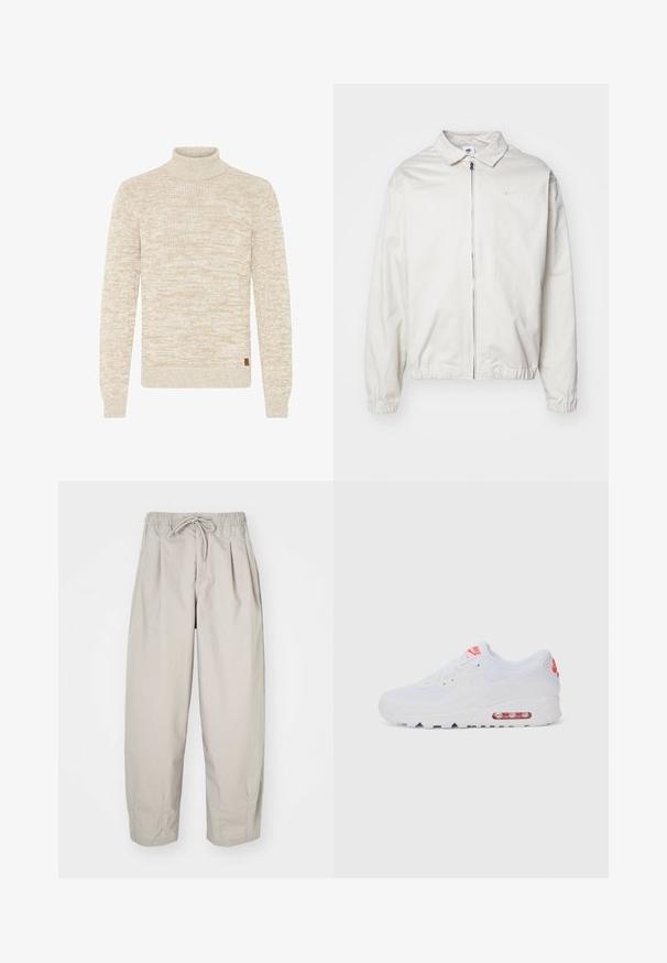 Veste Nike blanche et légère avec un col, fermeture éclair à l'avant, poignets élastiques et un petit logo sur la poitrine gauche. Texture lisse.; Pull en tricot marbré beige et blanc avec des manches longues et un col montant haut, arborant une petite étiquette de marque marron près de l'ourlet.; Pantalons beiges légers avec une taille élastique et un cordon de serrage. Caractéristiques : plis et coupe décontractée, fabriqués à partir d'un tissu doux et lisse.; Baskets de sport blanches avec une tige lisse, un système de laçage, une semelle rembourrée et une unité d'air visible avec des accents rouges sur le logo.