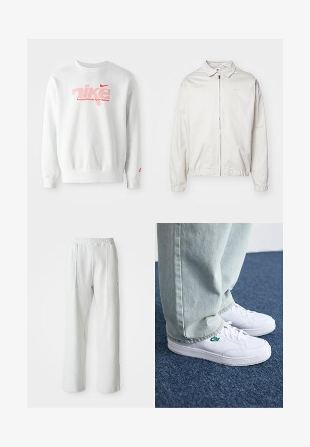 Bela, lahka Nike jakna z ovratnikom, sprednjim zadrgo, elastičnimi manšetami in majhnim logotipom na levem prsnem delu. Gladka tekstura.; Bela majica iz bombažne mešanice. Ima velik rdeč "nike" logotip s potiskom pikic in spodaj besedilo "Mednarodna športna oblačila". Rdeči Nike swoosh na rokavu.; Bele udobne hlače z elastiko v pasu in velikima sprednjima žepoma, prikazane na enostavni svetli podlagi.; Bela usnjena športna obutev z zelenim Nike logotipom, okrogla konica, ravna podplat, v kombinaciji z svetlo modrimi kavbojkami, prikazana na modrem preprogu.