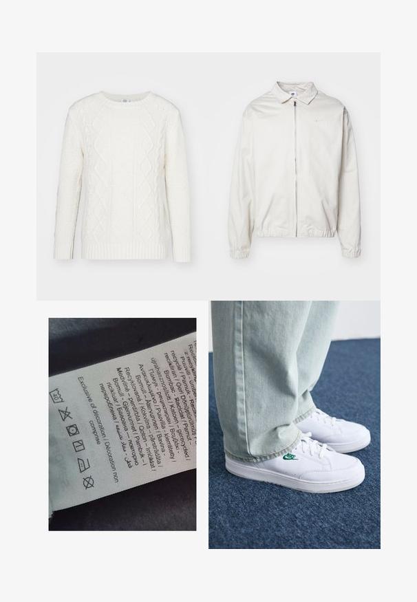 Valge, kerge Nike jakk, milles on krae, ees lukk, elastsed mansetid ja väike logo vasakul rinnal. Sile tekstuur.; Valge kudum, millel on klassikaline ribidega ümmargune kaelus, tekstuuriga pinnad ja nööridega mustrid ees ja varrukatel.; Sildi silt, millel on mitmekeelsed tekstid, hooldusmärgid ja ringlussevõtuikoonid, trükitud pehme kangalaadsele materjalile heledates toonides.; Valged nahast tennisetossud rohelise Nike logo ja ümarate varvastega, lamedate taldadega, koos helesiniste teksapükstega, esitatud sinisel vaibal.