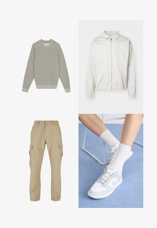 Veste Nike blanche et légère avec un col, fermeture éclair à l'avant, poignets élastiques et un petit logo sur la poitrine gauche. Texture lisse.; Pull en maille gris clair avec texture côtelée, col rond et manches longues. Design simple, ourlets élastiqués, détails minimalistes.; Pantalons cargo beiges en toile de coton, dotés de plusieurs poches latérales, d'un design à jambes droites et d'une fermeture éclair avec passants de ceinture.; Baskets blanches avec des accents bleu clair, tige en cuir, bout perforé, lacets épais et chaussettes blanches côtelées sur fond bleu.