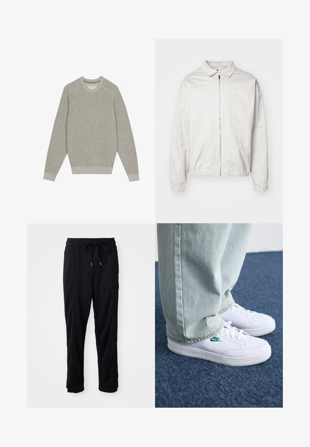 Fehér, könnyű Nike dzseki, galléros nyakkal, elöl cipzárral, elasztikus mandzsettákkal és kis logóval a bal melle részén. Simaszerű textúra.; Világosszürke kötött pulóver bordázott textúrával, kerek nyakkivágással és hosszú ujjakkal. Egyszerű dizájn, rugalmas szegélyek, minimális részletezés.; Fekete húzózsinóros, kényelmes nadrág oldalsó varrású zsebekkel és egyenes szabással, egyszínű háttéren.; Fehér bőr sportcipők zöld Nike logóval, kerek orral, lapos talppal, világoskék farmernadrággal párosítva, kék szőnyegen bemutatva.